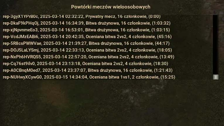 image showing list of replay codes inside of the war selection